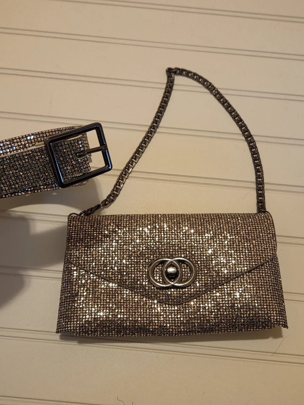 Sparkle Gold Metallic Glitter Belt & Chain Clutch 2 In 1